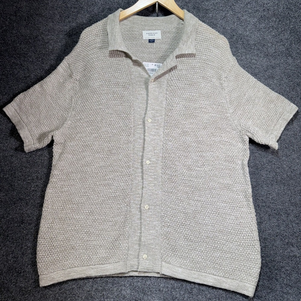 NWT American Eagle Weekend Jacquard Button Up Sweater Polo Shirt Men Large Beige